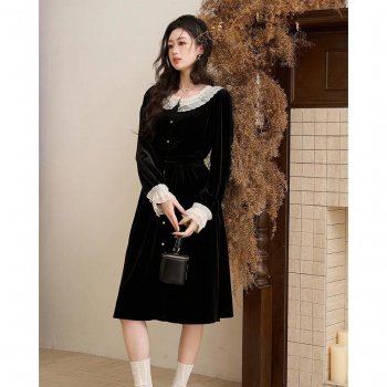 Elegant Women’s Velvet Button Down Dress for Autumn/Winter