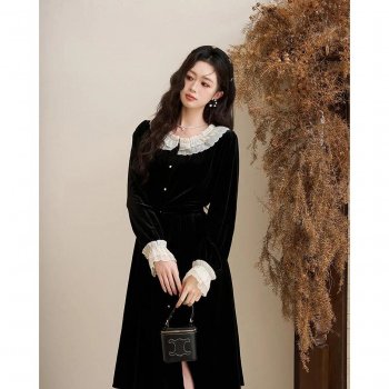 Elegant Women’s Velvet Button Down Dress for Autumn/Winter